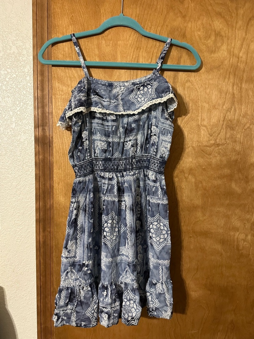 Girls Blue Printed Off the Shoulder Sundress with Smocked Waist